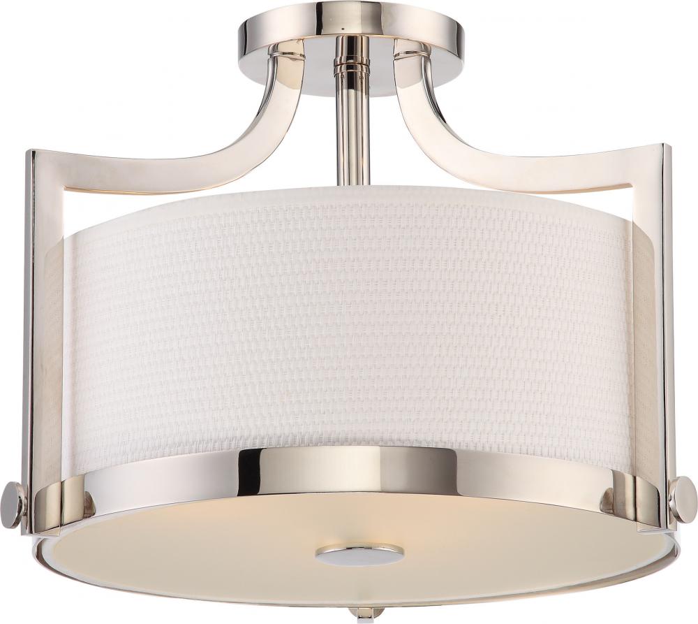 Meadow - 3 Light Semi Flush with White Fabric Shade - Polished Nickel Finish