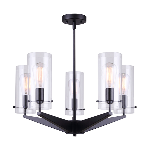 JONI, MBK Color, 5 Lt Rod Chandelier, Clear Glass, 100W Type A, 24" W x 17.5 - 53.5" H