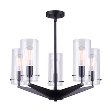 Canarm ICH759A05BK - JONI, MBK Color, 5 Lt Rod Chandelier, Clear Glass, 100W Type A, 24" W x 17.5 - 53.5" H