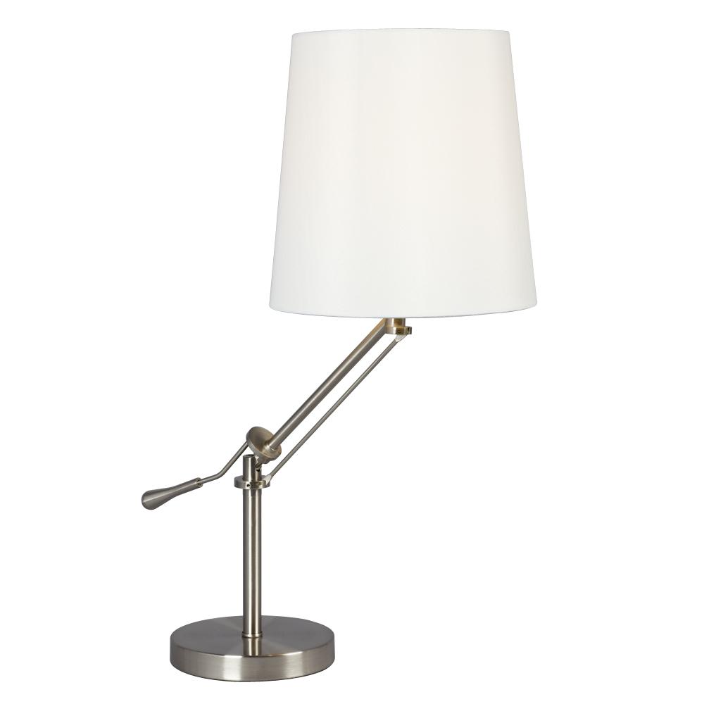 1-Light Table Lamp - Brushed Nickel with White Linen Fabric Shade & Adjustable Arm