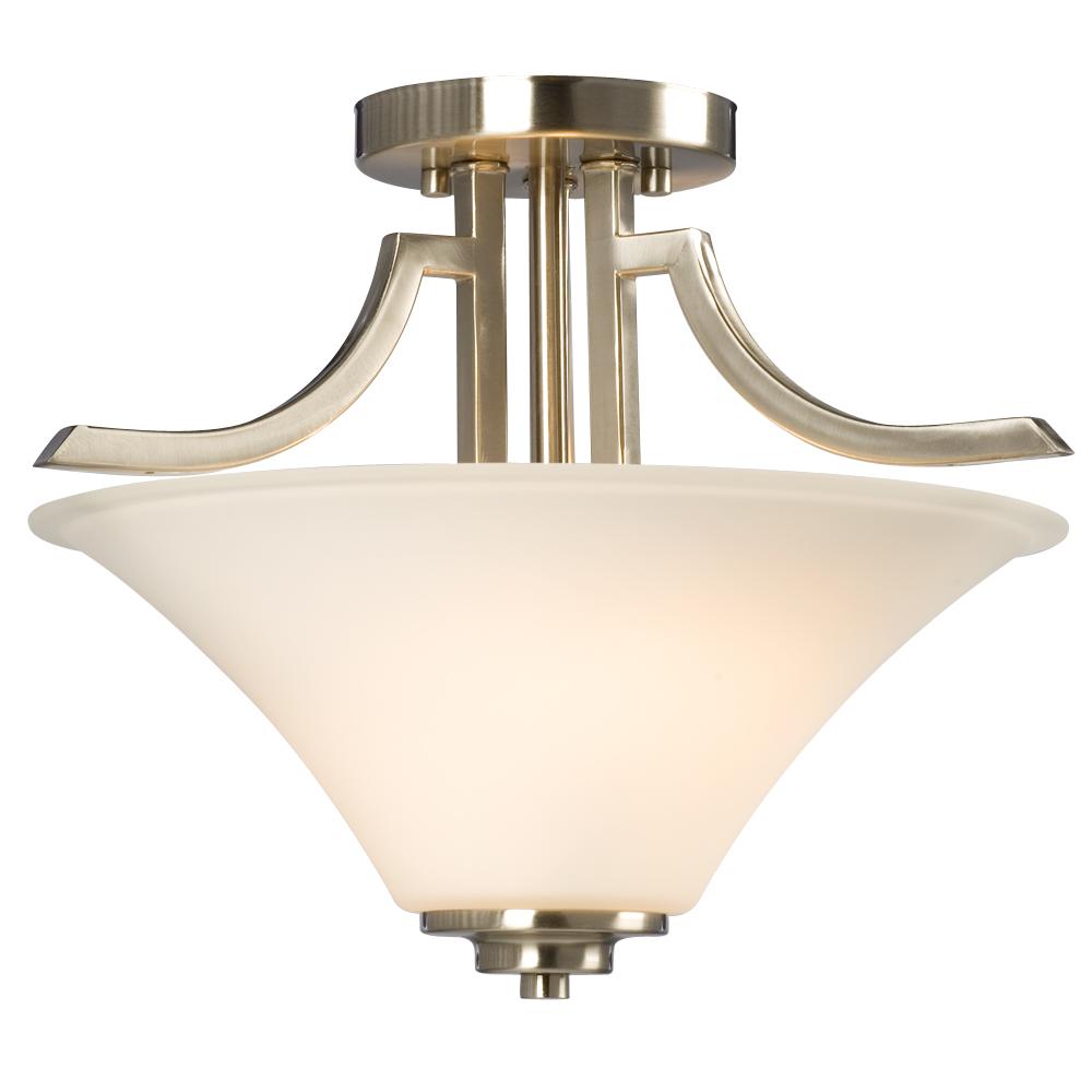 2-Light Semi-Flush Mount - Brushed Nickel with White Glass