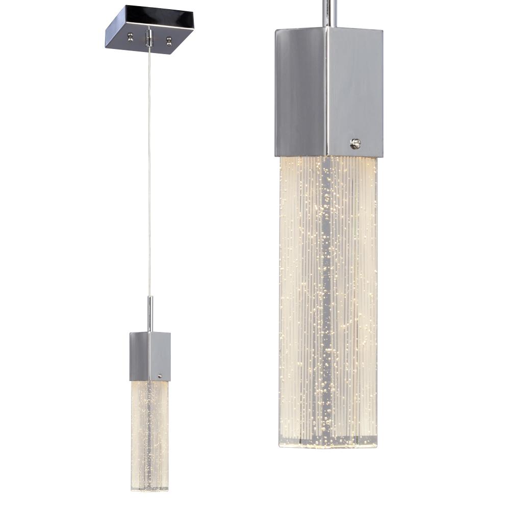 LED Mini Pendant (5W, Dimmable) - Polished Chrome & Clear Crystal Bubble Glass w/ Linear Details
