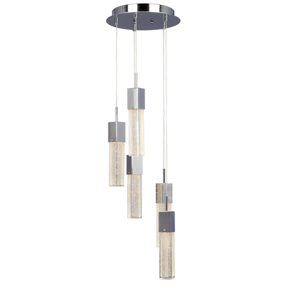 LED Multi-Light Pendant(5x5W,Dimmable)-Polished Chrome& Clear Crystal Bubble Glass w/ Linear Details