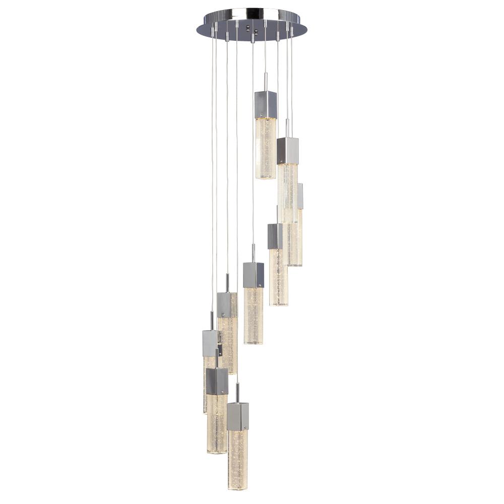 LED Multi-Light Pendant(9x5W,Dimmable)-Polished Chrome& Clear Crystal Bubble Glass w/ Linear Details